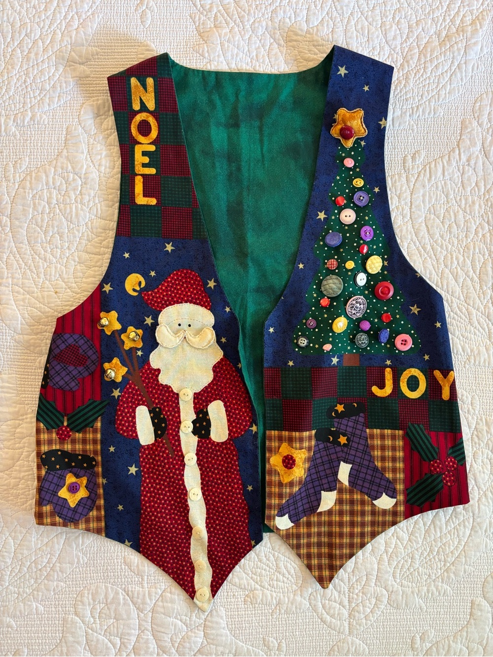 Handmade Vintage Festive Santa & Tree Christmas Vest - Green & Navy
